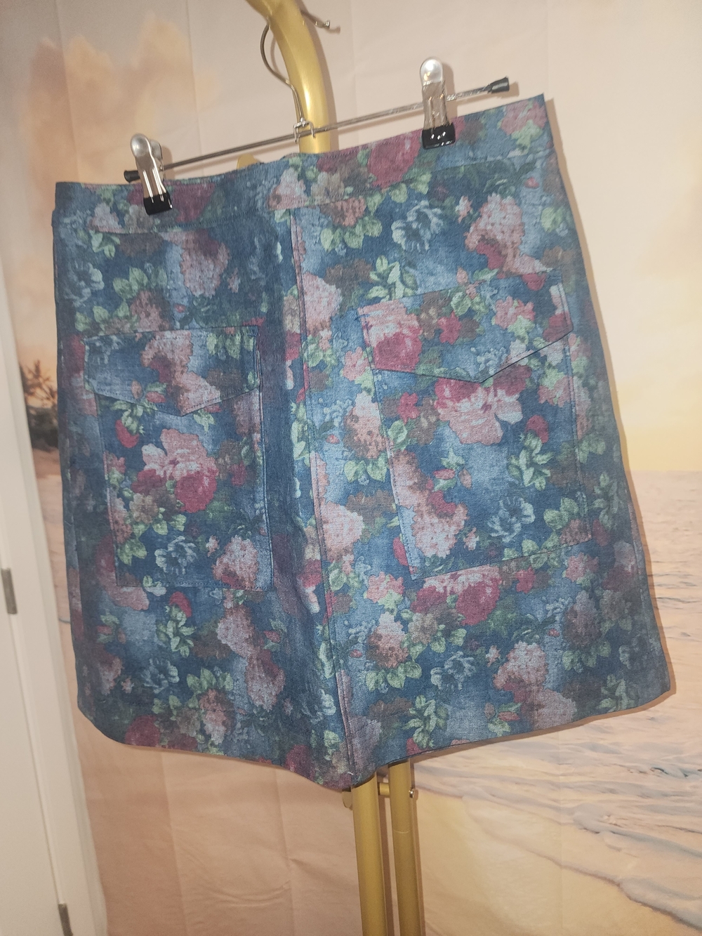 ERIN by Erin Fetherston Anthropologie Blue Floral A-Line Denim Mini Skirt
